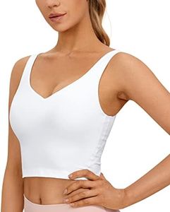 CRZ YOGA Butterluxe Womens V Neck Padded Sports Bra - Longline Workout Crop Tank Top with Built in Bra White S