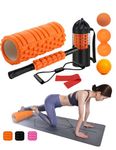 Foam Roller Set Includes Hollow Core Massage Roller,Peanut Ball ,Spiky Ball ,Stretching Band,Muscle Roller Stick,Massage Ball,Stretching Strap,Exercise Resistance Bands, Storage Bag,for Deep Tissue Massage, Pain Relief of Back, Legs, Exercise( OVTSPO 9 in 1 Orange)