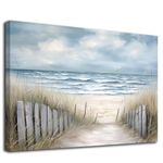 Bathroom Decor Wall Art Blue Beach Picture Ocean Theme Landscape Canvas Print Modern Coastal Seascape Painting Framed Seaside Artwork for Home Sea Lake Bedroom Bathroom Office Decor Framed12x16inch