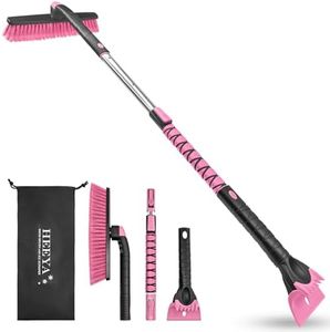 HEEYA 48 Inch Long Snow Brush for SUV, Extendable Ice Scraper and Brush with Foam Grip, 360° Pivoting Snow Car Brush for Truck Auto Jeep RV Vehicle Windshield Window - Pink