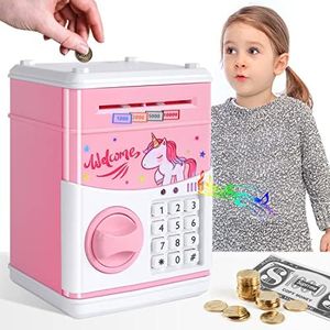 GuDoQi Unicorn Piggy Bank for Girls Electronic Coin Money Bank Toy for 3 4 5 6 7 8 9 10 Year Old Children, Mini ATM Cash Coin Saving Box for Birthday Gifts Kids Age 3-10, Pink Unicorn