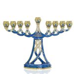 Hanukkah Menorah Candle Holder 9 Branch Rhinestones Jeweled Vintage Jewish Enamel Menorah Ornament(Blue)