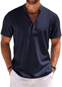 COOFANDY Men's Short Sleeve Henley Shirts Casual Collarless Shirt Band Collar Henley Summer Beach Henley T-Shirt Navy Blue