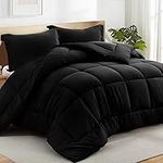 All Season Queen Comforter Set 3 PCs Soft Quilted Down Alternative Comforter+2 Pillow Shams with Corner Tabs,Winter Summer Warm Fluffy,Machine Washable(Black, Queen)