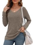 WNEEDU Long Sleeve Shirts for Women Lightweight V Neck Sweaters Casual Loose Tunic Tops Coffee XL