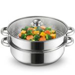 ZENFUN Steamer Pot With Lid 2 Tier, Multipurpose Stainless Steel Steaming Pot, Steam Pots With Handle For Vegetable, Dumpling, Food, 11 Inch（Thickened）