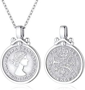 ChicSilver Collana Donna Medaglione Moneta Regina Coin Sei Pence Pendente Stile Vintage Argento Sterling 925, Catenina Catena Regolabile Gioiello alla moda, Regalo Perfetto