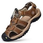 Unitysow Sandals Men's Closed Toe Walking Sandals Outdoor Sport Hiking Sandals Casual Fisherman Leather Sandals Summer Beach Sandal,Brown,Size 10