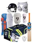 SG 100% Original Brand Blazepak Champion Cricket Kit (Cricket Bat (with Cover) + Legguard + Batting Gloves + Kitbag + Thigh Guard + Arm Guard + Abdo Guard + Cricket Helmet Large)
