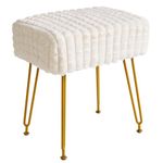 IBUYKE Rectangular Footrest Stool Ottoman, Makeup Vanity Stool Side Table, Velvet Dressing Table Seat, Footstool Chair, Golden Steel Legs, for Makeup Room, Bedroom, Square grid pattern, White WBD003W