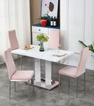 Furnizone UK Meridian White High Gloss 4-Seater Rectangular Dining Table Set with 4 Monza Blue/Pink/Green/Grey/Black Velvet Chairs (Pink)