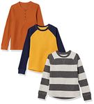 Amazon Essentials Boys' Long-Sleeve Knit Thermal T-Shirt, Pack of 3, Grey Rugby Stripe/Mustard Yellow/Rust, Medium