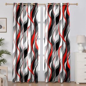 weesire Red and Grey Curtains Modern Striped Decorative 50% Light Blocking Darkening Grommet Red Curtain for Living Room Villa, Bedroom Gray and Red 2 Panels Set, 52x63 Inches