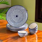 ExclusiveLane 'Indigo Chevron' Handpainted Ceramic Dinner Set Ceramic Plates for Dinner Plates with Bowls Katoris (8 Pieces, Serving for 4, Dishwasher & Microwave Safe) |Dinnerware Ceramic Serveware