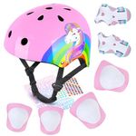 MHJY Kids Bike Helmet and Pads Set With DIY Stickers Girl Knee and Elbow Pads Unicorn Adjustable Safety Gear Set for Children Age 3-5-8 Years Bicycle, Skateboard, Scooter, Roller Skates