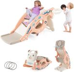 HONEY JOY 4-in-1 Kids Slide Rocking Toy, Multifunctional Toddler Slide with Rocking Horse, Basketball Hoop & Ring Game for Kids 3-5 Years Old, Freestanding Slide Set for Indoor & Outdoor Use (Pink)