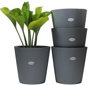 GREENON Plant Pot 10 Inch Pack of 4 (8 Pots) Self Water | Grey Outer and Black Inner Plant Container | UnFadable Planter | Virgin Plastic Big Gamla | Best for Indoor and Balcony