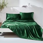 Wotcsil Dark Green Satin Bed Sheets King Set 4 Pcs Satin King Sheets Set Silky Satin Sheet Bedding Set With 14" (36cm) Deep Pocket Fitted Sheet + 1 Flat Sheet + 2 Pillowcases