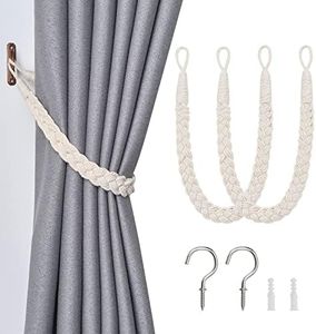 NICEEC 2 Pack Natural Cotton Rope Curtain Tiebacks Elegant Boho Style Decorative Drape Tie Backs Soft Hand-Woven Rope Curtain Holdbacks with Metal Hook for Home & Office Drapery (Beige)