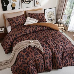JANZAA Cheetah & Leopard Print Comforter Set Queen Size - 3 Pieces Animal Print Comforter Set, Fluffy Cozy Chic Faux Fur Brown/Pink Print Bedding Set with 2 Pillowcases for All Season
