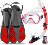 Seavenger Diving Dry Top Snorkel Set with Trek Fin, Single Lens Mask and Gear Bag, XS/XXS - Size 1 to 4 or Children 10-13, Gray/Clear Red