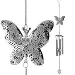 Mom Wind Chimes - Filigree Butterfly Design with Metal Ball and Mobile Mom Heart Charm - Windchimes Patio Deck Decoration - Butterfly Gifts - 30" Long