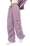 KISSMODA Parachute Pant Women Cargo Pants with Pockets Drawstring Y2K Low Waist Baggy Jogger Track Pant Light Purple L