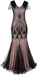 MAYEVER Women 1920s Long Prom Gown Beaded Sequin Mermaid Hem Ball Evening Dress with Sleeve (L, Black Beige)