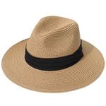 TOPWEL Women Fedora Sun Hat Wide Brim Straw Panama Hat Straw Hat Floppy Foldable Roll-Up Beach Cap Summer Hat Khaki