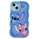 Cute Stitc Cartoon for iPhone 15 Case - 3D Anime Character Design Girly Soft Silicone Gifts for iPhone 15 Case, Kawaii Unique Cool Funny Shockproof Cover Accessory Blue Stitc for Kid Teen Girls Women