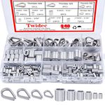 Twidec/240PCS Aluminum Crimping Loop Sleeve and 304 Stainless Steel Wire Rope Cable Thimbles 3/64''-5/32" for Wire Rope Cable Thimbles Rigging Assortment Kit N-023-240PCS