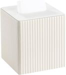 KINGFOM Square Pu Leather Tissue Box Cover, Modern Facial Tissue Holder, Roll Tissues Paper Case Dispenser for Bathroom Vanity Countertop, Night Stands, Office Desk (Off-White Strips)