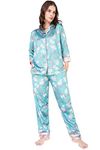 ZEYO Womens Satin Floral Printed Night Suits Light Blue Shirt & Pyjama Set