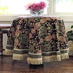 Tache Elegant Ornate Black Green Paisley Tablecloth with Tassels, 35" Round