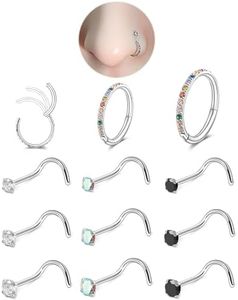 18g Clear CZ Nose Rings Hoop and 20g Nose Studs Sets for Women Men,316L Surgical Steel Seamless Silver Septum Ring Clicker Jewelry Screw Studs Rings Cubic Zirconia Nose Ring Labret Lip Cartilage Hinged Piercing Jewelry