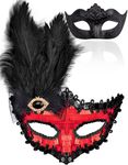 SIQUK Couple Masquerade Masks Venetian Party Mask Plastic Costume Mask Mardi Gras Mask for Couples, Feather Black & Red