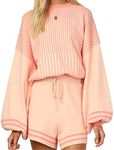 Flygo Matching Sets for Women Summer Knit Sets Two Piece Long Sleeve Top Shorts Sweatsuits Lounge Pajama Set(PeachPink-XS)