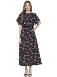 Indietoga Women's Printed Fit and Flare Long Cape Maxi Dress (10001314_Black Floral_X-Large)