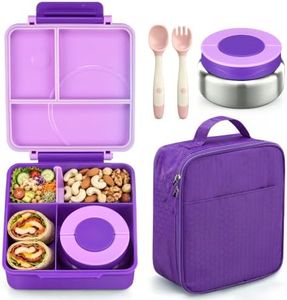 Bento Lunch Box Set for Kids with 8oz Soup Thermo, Leak-Proof Lunch Containers with 4 Compartment, Kids Thermo Hot Food Jar and Insulated Lunch Bag for Kid to School-Purple