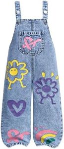 RoseSeek Toddler Girls' Vintage Floral Heart Graphic Denim Jumpsuit Baggy Wide Leg Jeans Overall with Pockets Medium Wash 5Y