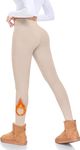 Fleece Lined Leggings Women High Waisted- Thermal Winter Workout Leggings for Women Warm Yoga Pants Light Khaki