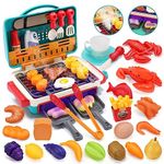 HOLY Fun 42Pcs Kids BBQ Grill Toy, Barbecue Kitchen Cooking Playset with Realistic Spray, Light & Sound, Color Changing Play Food & Cup & Plate Toy, Pretend BBQ Accessories Set for Girls Boys Toddler