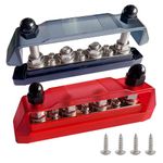 DC 12-48V 300A 4 Studs 3/8" (M10) Bus Bar with 6 M4 terminals, Ampper 6.3" 4 Posts Brass Power Distribution Block Heavy Duty BusBar Terminal Kit W/Cover (Red & Black)