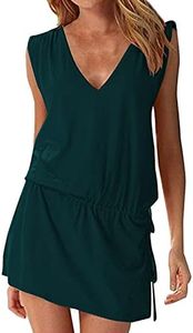 Hount Women's Beach Swimsuit Cover up Deep V-Neck Short Mini Dress Beach Skirt (Deep Green, XL)