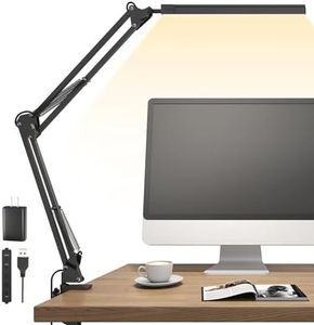 TROPICALTREE LED Desk Lamp, Swing arm Desk Light with clamp, 3 Lighting 10 Brightness Eye-Caring Modes, Reading Desk Lamps for Home Office 360 Degree Spin with USB Adapter & Memory Function black-14W
