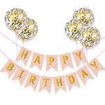 Meowoo Happy Birthday Banner Kit, Happy Birthday Bunting Golden Aluminum Film with 5 Gold Confetti Latex Balloons Party Decorations for Kids, Boys, and Girls (Pink)