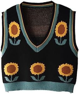 Hyipels Women's Sweater Vest,Y2K Sleeveless Pattern Preppy Style Knitted Crop Tank Top for Girl, B Black-sunflower, X-Large