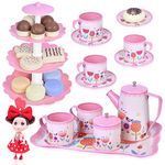 Tea Sets for Toddlers, Kids Tea Party Sets for Little Girls With Cups, Plates, Dessert, Tray, Tin Teapot, Princess Tea Time Pretend Role Play Toys for Children Age 3 4 5 6 7 8 Year Old Birthday Gifts