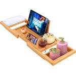 ADOV Bath Tray, Extendable Luxury Bamboo Wooden Bathtub Caddy with Integrated Holder for Book, Phone, Tablet, Candle, Soap, Towel, Wine Glass, Adjustable Over Tub Rack Bridge Fits Most Bath Tub Sizes