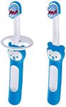 MAM Baby's Brush Set (2 Training Toothbrushes, 1 Safety Shield), Baby Toothbrushes with Brushy the Bear, Interactive App, For Boy 5+ Months, Blue